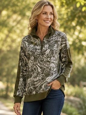 Westbound Paisley Quarter Zip Pullover XL Olive Green Mock Neck NWOT